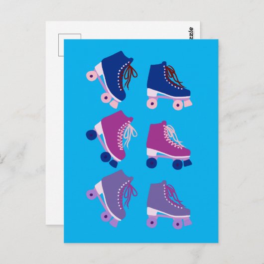 Carte Postale Retro Rollerskates violet bleu Motif (Devant / Derrière)