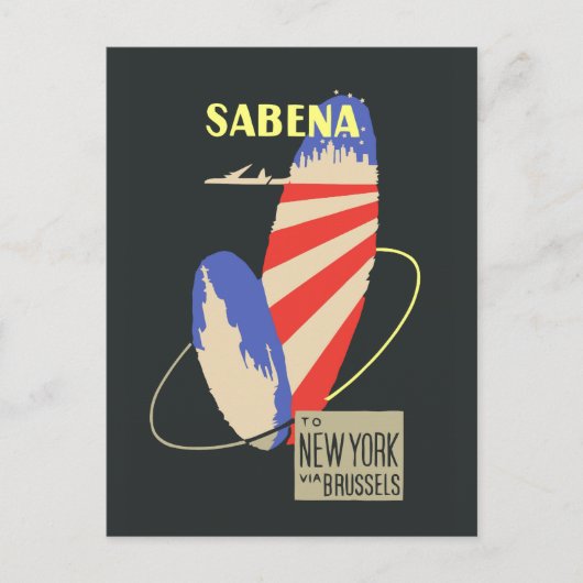 Carte Postale Retro Sabena Airlines à New York via Bruxelles (Devant)