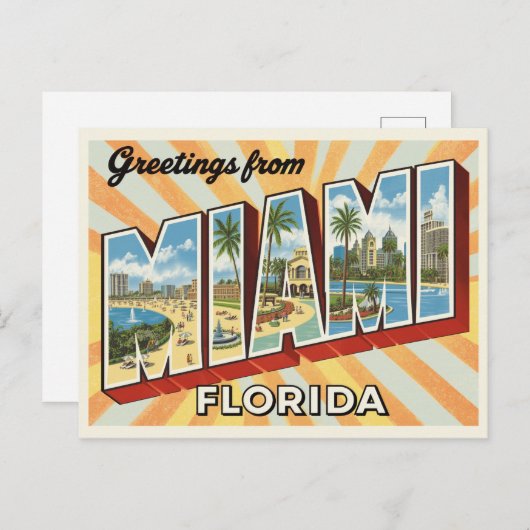 Carte Postale Retro "Salutations de Miami, Floride" Sunburst (Devant / Derrière)