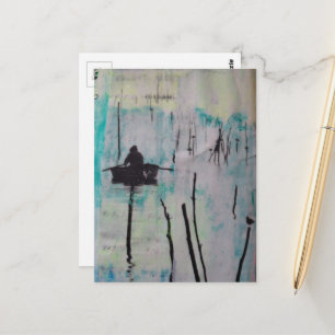 Carte Postale Rétro Un bateau et un oiseau Noir Blanc Bleu