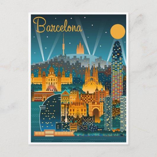 Carte Postale Retro vintage Barcelone Espagne Travel Art (Devant)