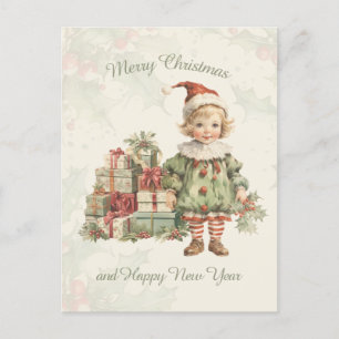 Carte Postale Retro Vintage Boy Cadeaux de Noël Holly