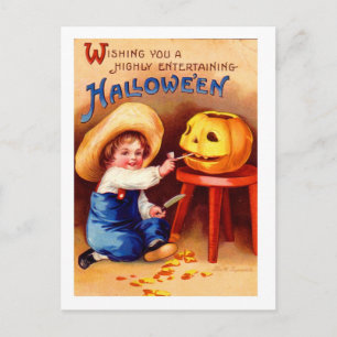 Carte Postale Retro Vintage Halloween Boy Carvier
