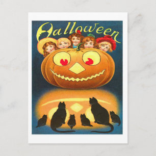 Carte Postale Retro Vintage Halloween Enfants et Chats