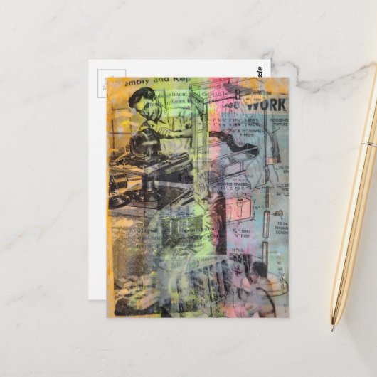 Carte Postale Retro Woodworking Men Mixed Media Collage (Devant/Arrière en situation)