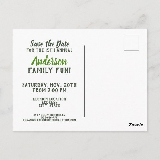 Carte Postale Retrouvailles familiales vertes Enregistrer la dat (Dos)