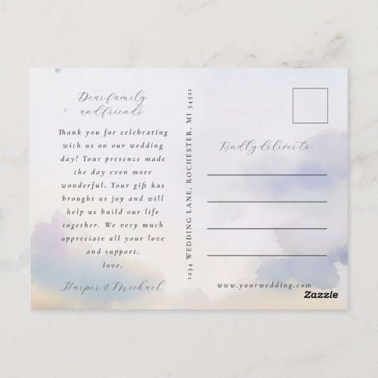 Carte Postale rêve aquarelle nuages mariage photo merci (Dos)