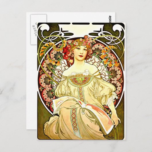Carte Postale Reverie, tableau d'art d'Alfons Mucha (Devant / Derrière)