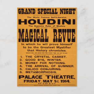 Carte Postale Revue magique de Houdini, 1914