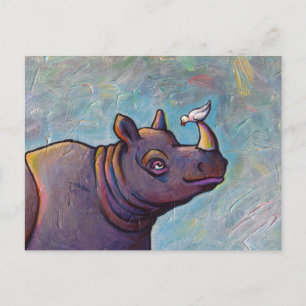 Carte Postale Rhinoceros art petit oiseau commérage amusant pein