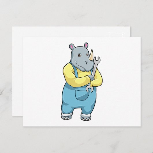 Carte Postale Rhinocéros en mécanicien avec clé (Devant / Derrière)