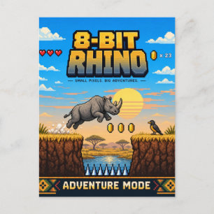 Carte Postale Rhinocéros, Pixel Art 8 Bits Rétro