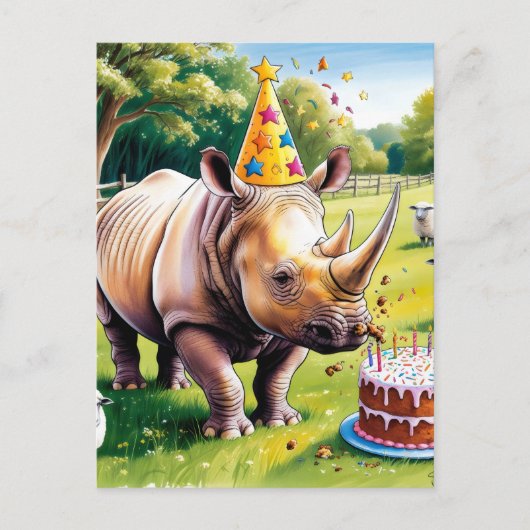 Carte Postale Rhinocéros portant un chapeau d'anniversaire dans (Devant)
