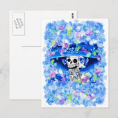 Carte Postale Rire Skeleton Woman dans Blue Bonnet (Devant / Derrière)