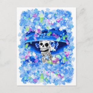 Carte Postale Rire Skeleton Woman dans Blue Bonnet