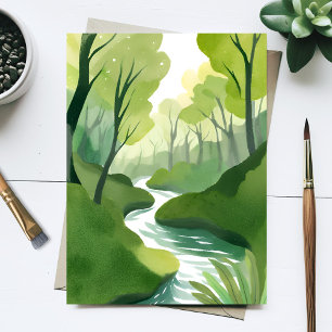 Carte Postale Rivière de Green Peinture aquarelle de forêt