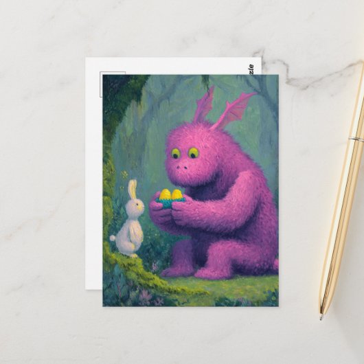 Carte Postale Robe de Dragon mauve et de Lapin de Pâques (Devant/Arrière en situation)