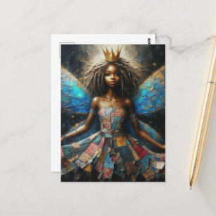 Carte Postale Robe de Patchwork de fées Bleu ailes et une Couron
