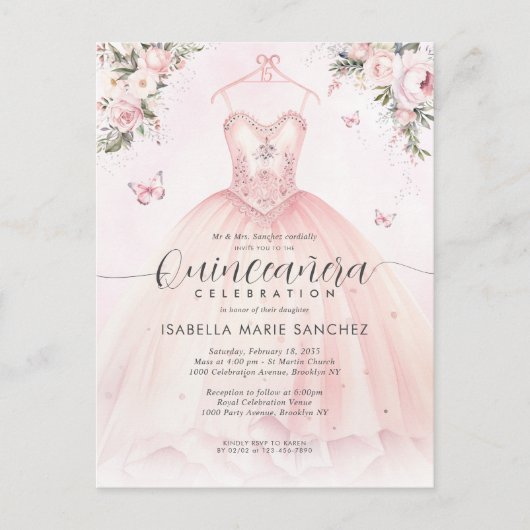 Carte Postale Robe de princesse florale rose pour Quinceanera d' (Devant)
