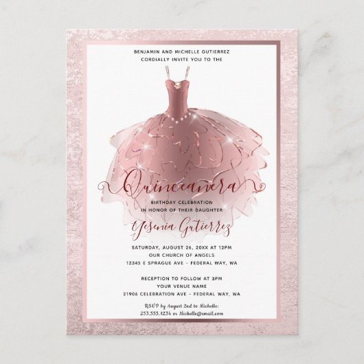 Carte Postale Robe de Quinceañera Rose Gold Élégante (Devant)