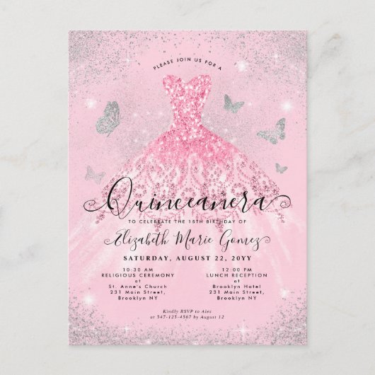 Carte Postale Robe de soirée glamour rose argentée pailletée Qui (Devant)