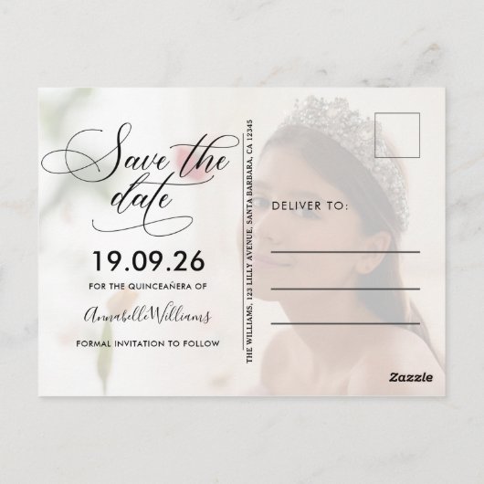 Carte Postale Robe D'Or Rose Floral Quinceañera Enregistrer La D (Dos)