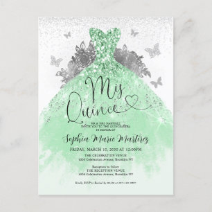 Carte Postale Robe en argent vert Sage Mis Quince Quinceañera