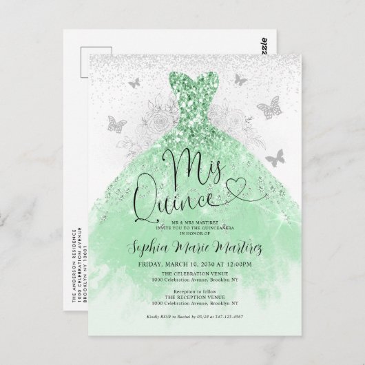 Carte Postale Robe en argent vert Sage Mis Quince Quinceañera (Devant / Derrière)