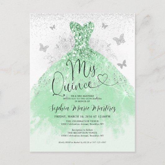 Carte Postale Robe en argent vert Sage Mis Quince Quinceañera (Devant)