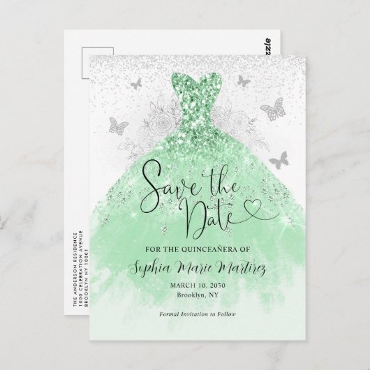 Carte Postale Robe en argent vert Sage Quinceañera Enregistrer l (Devant / Derrière)