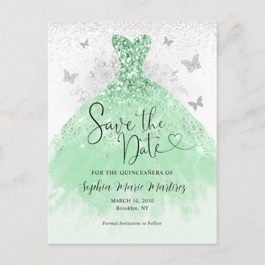 Carte Postale Robe en argent vert Sage Quinceañera Enregistrer l (Devant)