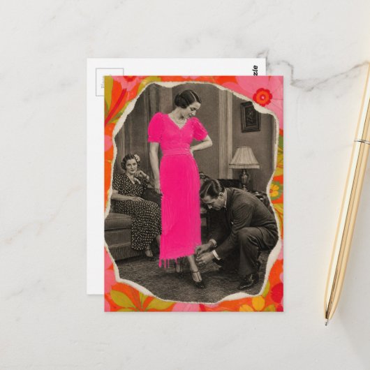 Carte Postale Robe rose chaud mode Dame Collage (Devant/Arrière en situation)