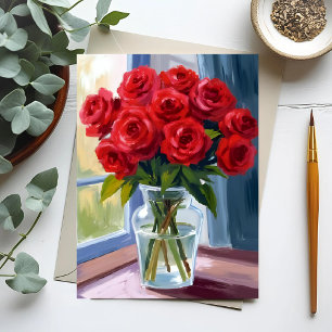 Carte Postale Robe rouge Bouquet Fleur Vase Aquarelle