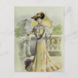 Carte Postale Robe Victorienne Vintage Française Mode Jaune