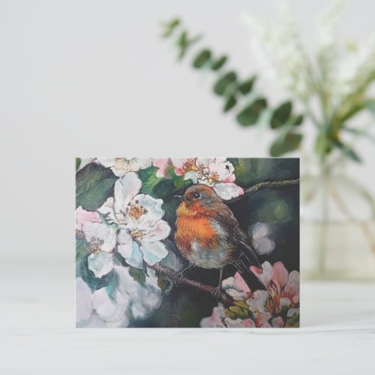 Carte Postale Robin aux fleurs de cerisier (Debout devant)