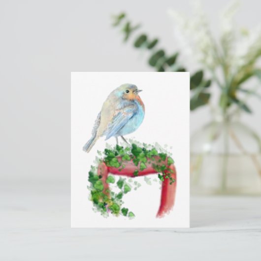 Carte Postale Robin européen sur merle, Aquarelle Bird (Debout devant)