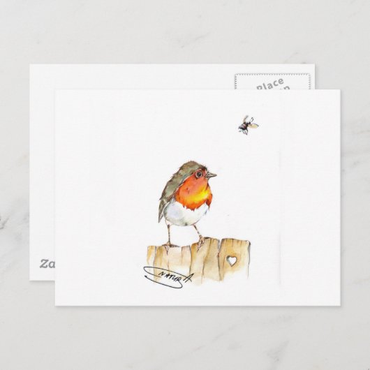 Carte Postale Robin Original Aquarelle Design (Devant / Derrière)