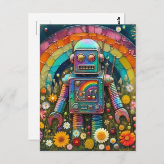 Carte Postale Robot arc-en-ciel dans une prairie à fleurs (Devant / Derrière)