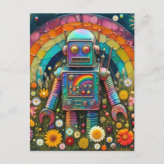 Carte Postale Robot arc-en-ciel dans une prairie à fleurs (Devant)