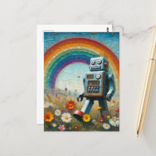 Carte Postale Robot dans une prairie à fleurs avec arc-en-ciel