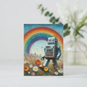Carte Postale Robot dans une prairie à fleurs avec arc-en-ciel (Debout devant)