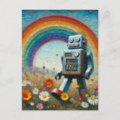 Carte Postale Robot dans une prairie à fleurs avec arc-en-ciel (Devant)