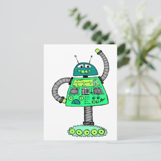 Carte Postale Robot Frankie, vert sur blanc (Debout devant)