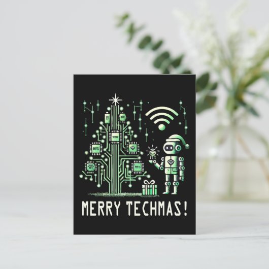 Carte Postale Robot IA avec arbre de Noël Tech - Joyeux Techmas (Debout devant)