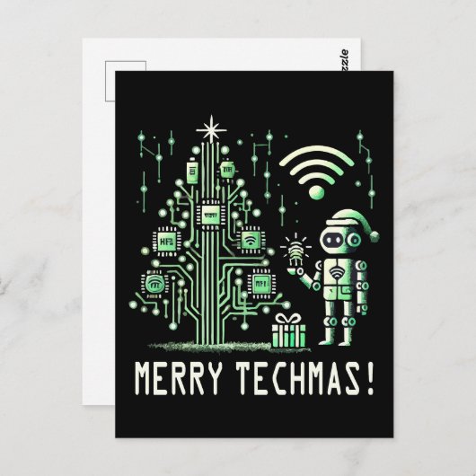 Carte Postale Robot IA avec arbre de Noël Tech - Joyeux Techmas (Devant / Derrière)