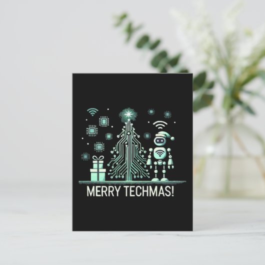 Carte Postale Robot IA avec arbre de Noël Tech - Joyeux Techmas (Debout devant)
