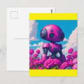 Carte Postale robot rose en fleurs roses (Devant / Derrière)