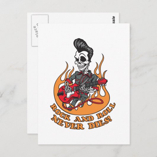 Carte Postale Rock And Roll Ne Meurt Jamais Squelette Guitare (Devant / Derrière)