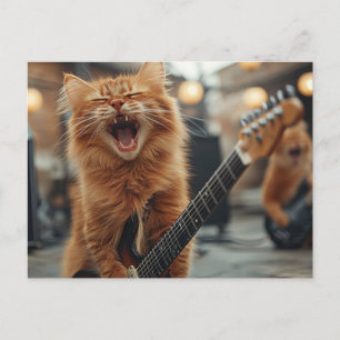 Carte Postale Rock N Roll Chat Guitare Roux Rockstar