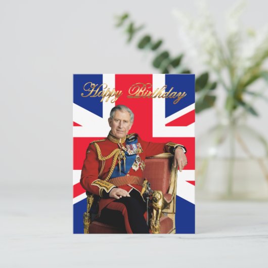 Carte Postale Roi Charles III avec drapeau britannique Joyeux an (Debout devant)
